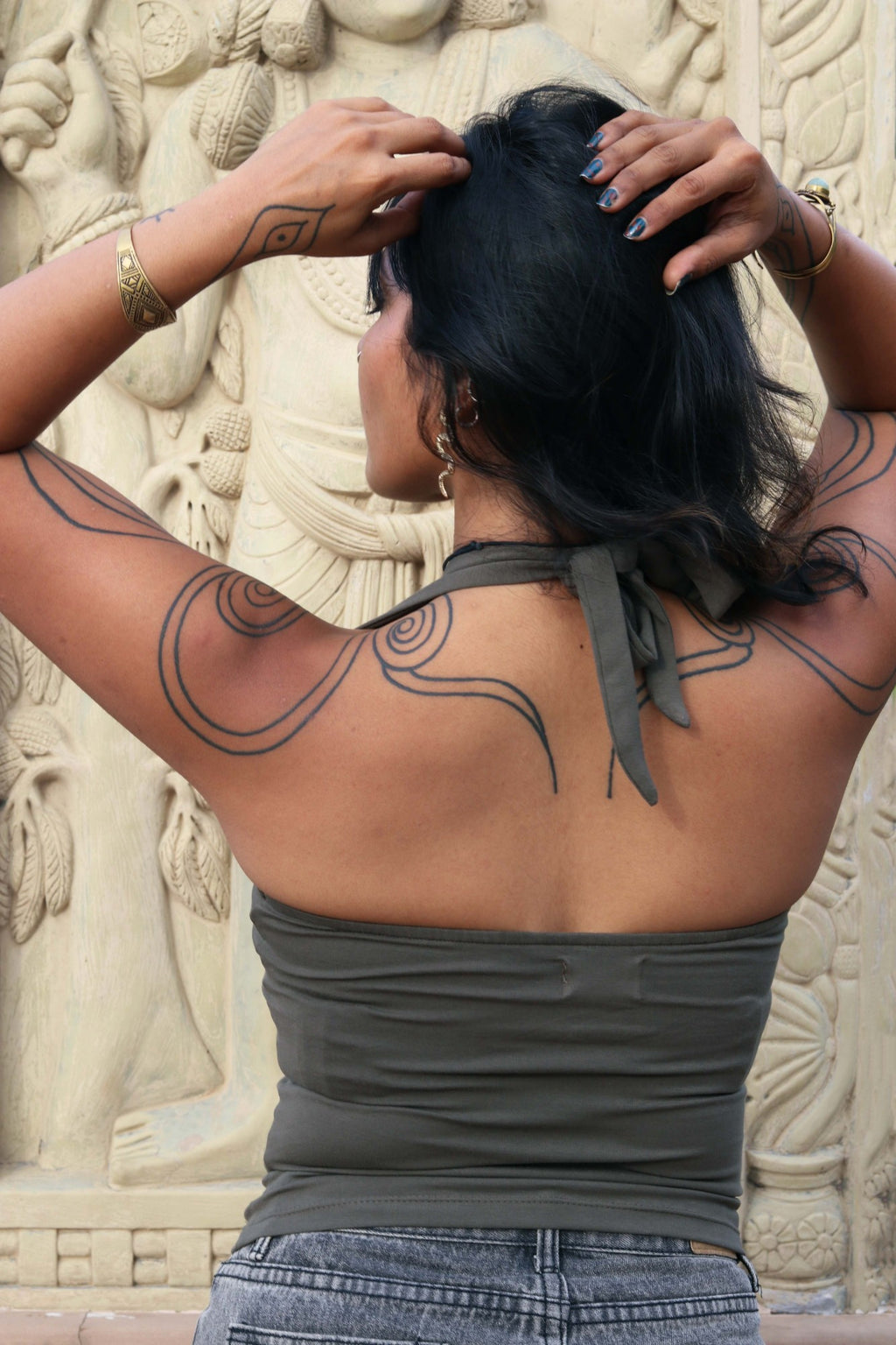 Ritual Halter Top in olive, back with halter tie