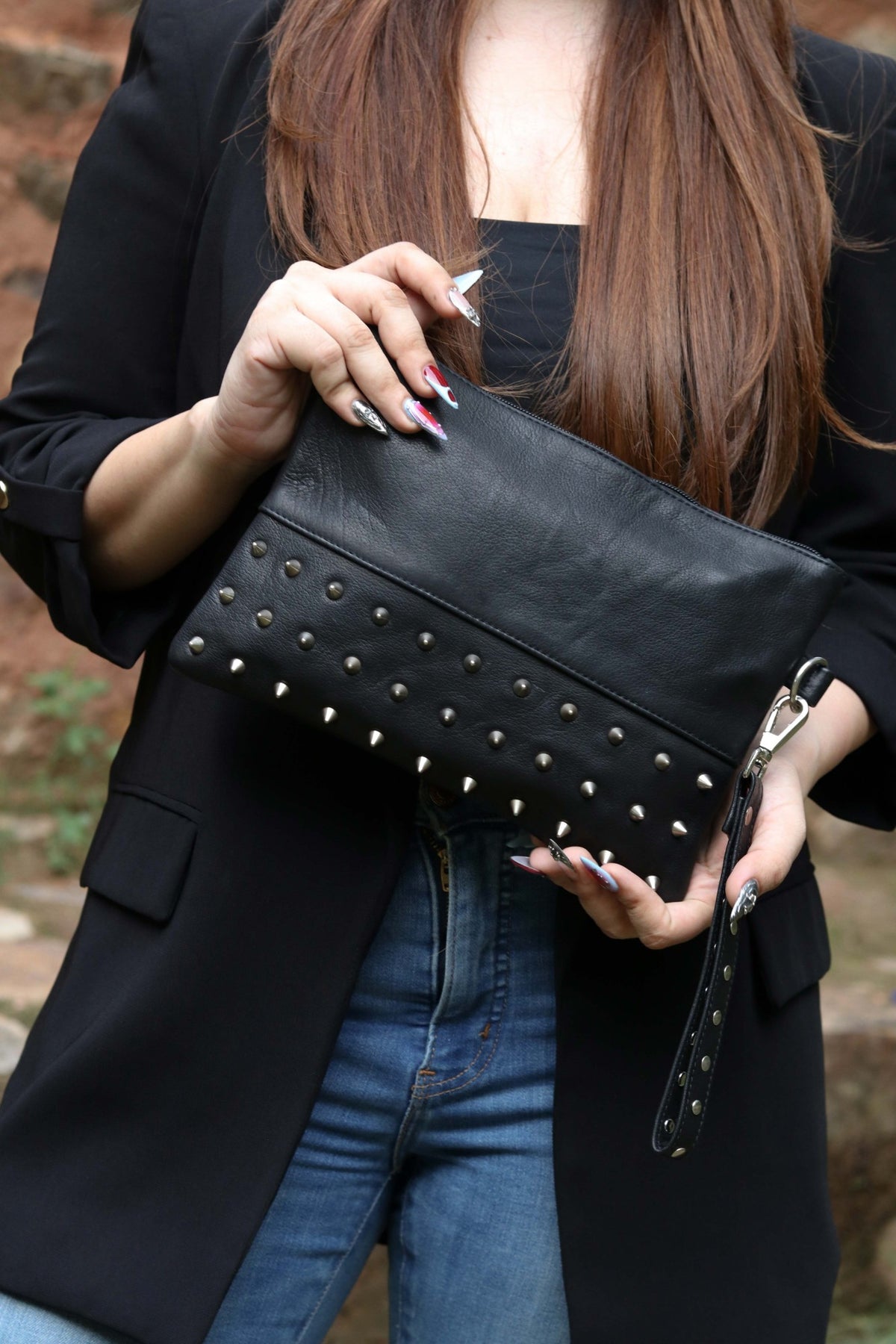 Alchemy studded leather pouch, front