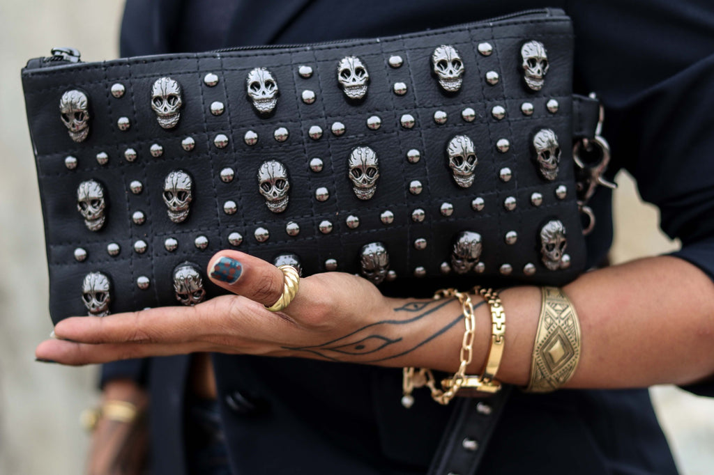 Catacomb skull-studded leather pouch, front