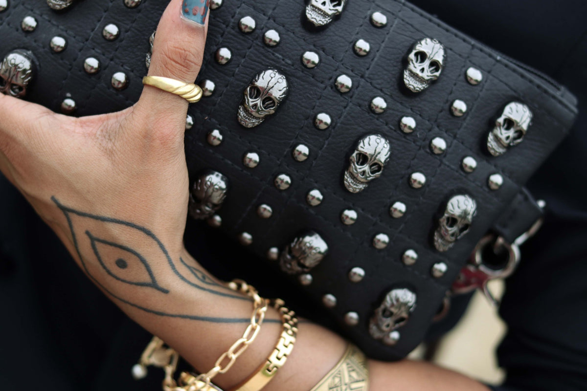 Close-up of Catacomb skulls and studs