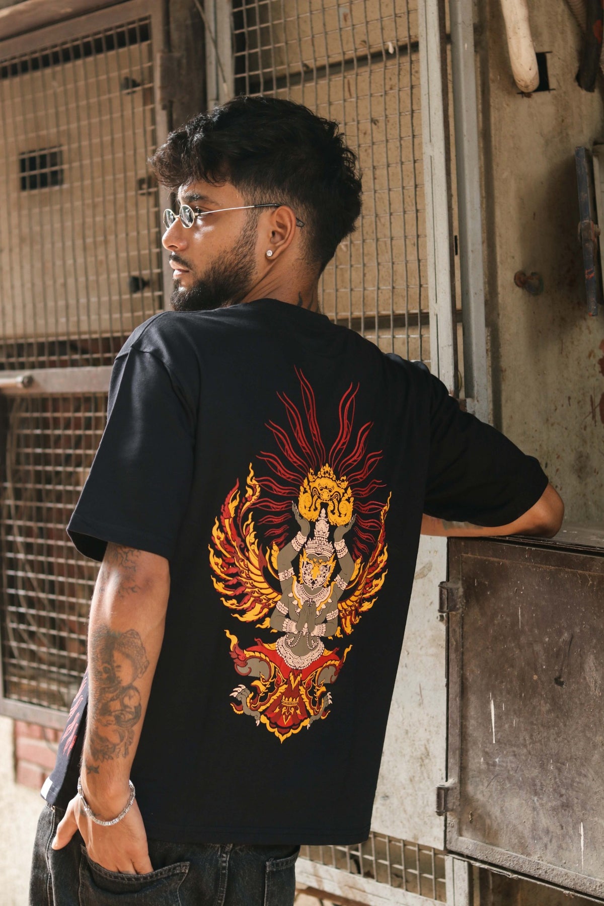 Garuda tee, back, on the street