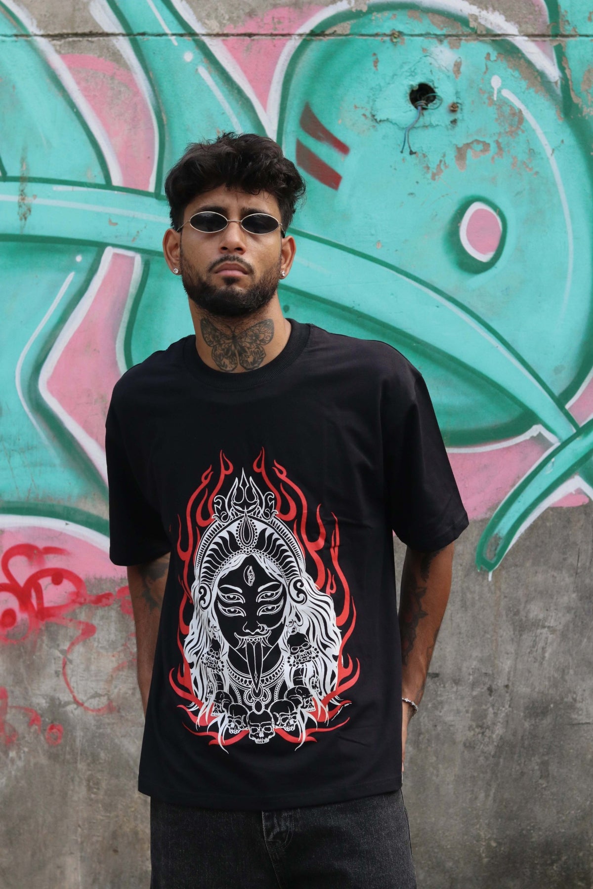 Mahakali tee, front, graffiti wall
